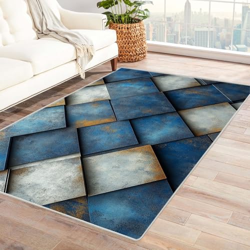 TODOAA Wohnzimmer Teppich, Waschbar Anti-Rutsch Retro Geometrisches Muster Moderne Kurzflor Shaggy Teppiche für Schlafzimmer & Kinderzimmer, Bettvorleger Matte(Blau 10)-210x300cm von TODOAA