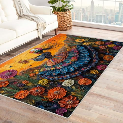 TODOAA Wohnzimmer Teppich, Waschbar Anti-Rutsch Schöne Mädchen Blume Kunst Moderne Kurzflor Shaggy Teppiche für Schlafzimmer & Kinderzimmer, Bettvorleger Matte(Orange)-60x90cm von TODOAA
