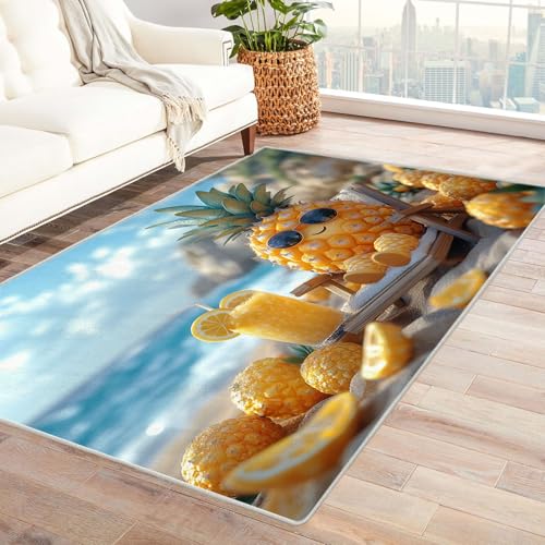 TODOAA Wohnzimmer Teppich, Waschbar Anti-Rutsch Strand süßes Obstmuster Moderne Kurzflor Shaggy Teppiche für Schlafzimmer & Kinderzimmer, Bettvorleger Matte(Gelb)-90x120cm von TODOAA
