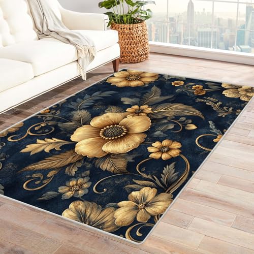 TODOAA Wohnzimmer Teppich, Waschbar Anti-Rutsch Teppich mit Vintage-Muster Moderne Kurzflor Shaggy Teppiche für Schlafzimmer & Kinderzimmer, Bettvorleger Matte(Gold 6)-120x180cm von TODOAA