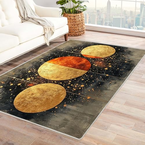 TODOAA Wohnzimmer Teppich Vintage-Kurzflor Abstrakter Goldener Kreis Waschbarer modernes Design, für Outdoor Balkon, Terrasse, Garten, Küche Weich Esszimmer Teppiche(Golden)-150x240cm von TODOAA