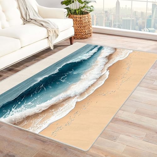TODOAA Wohnzimmer Teppich Vintage-Kurzflor Abstrakter Strandteppich Waschbarer modernes Design, für Outdoor Balkon, Terrasse, Garten, Küche Weich Esszimmer Teppiche(blau)-150x210cm von TODOAA