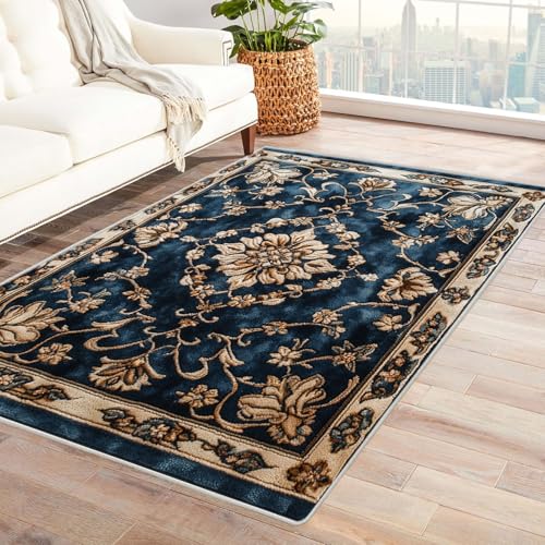TODOAA Wohnzimmer Teppich Vintage-Kurzflor Abstrakter böhmischer Teppich Waschbarer modernes Design, für Outdoor Balkon, Terrasse, Garten, Küche Weich Esszimmer Teppiche(blau)-150x210cm von TODOAA