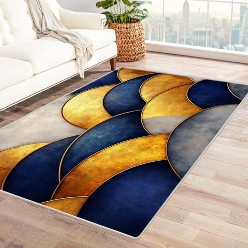 TODOAA Wohnzimmer Teppich Vintage-Kurzflor Goldblau Abstrakte Grafiken Waschbarer modernes Design, für Outdoor Balkon, Terrasse, Garten, Küche Weich Esszimmer Teppiche(blau)-120x180cm von TODOAA