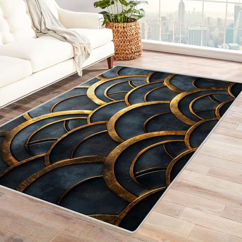 TODOAA Wohnzimmer Teppich Vintage-Kurzflor Goldenes geometrisches Muster Waschbarer modernes Design, für Outdoor Balkon, Terrasse, Garten, Küche Weich Esszimmer Teppiche(blau)-150x210cm von TODOAA