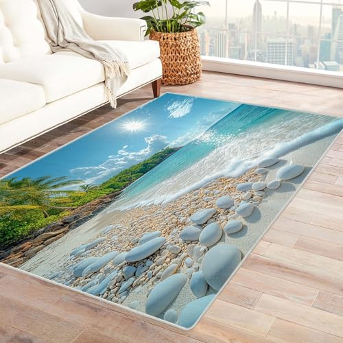 TODOAA Wohnzimmer Teppich Vintage-Kurzflor Moderner Strandteppich Waschbarer modernes Design, für Outdoor Balkon, Terrasse, Garten, Küche Weich Esszimmer Teppiche(blau)-150x210cm von TODOAA