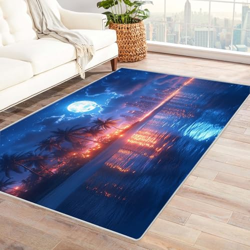 TODOAA Wohnzimmer Teppich Vintage-Kurzflor Nacht Strand Baum Landschaft Waschbarer modernes Design, für Outdoor Balkon, Terrasse, Garten, Küche Weich Esszimmer Teppiche(blau)-180x240cm von TODOAA