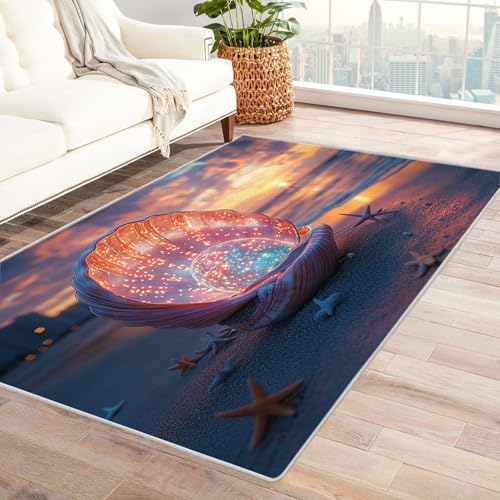 TODOAA Wohnzimmer Teppich Vintage-Kurzflor Natürliche Strandmuscheln Waschbarer modernes Design, für Outdoor Balkon, Terrasse, Garten, Küche Weich Esszimmer Teppiche(Orange)-90x120cm von TODOAA
