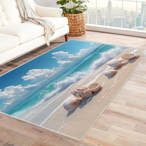 TODOAA Wohnzimmer Teppich Vintage-Kurzflor Natürliche Strandmuscheln Waschbarer modernes Design, für Outdoor Balkon, Terrasse, Garten, Küche Weich Esszimmer Teppiche(blau)-150x210cm von TODOAA