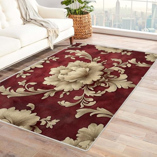 TODOAA Wohnzimmer Teppich Vintage-Kurzflor Retro Beige Blumenmuster Waschbarer modernes Design, für Outdoor Balkon, Terrasse, Garten, Küche Weich Esszimmer Teppiche(rot)-180x240cm von TODOAA
