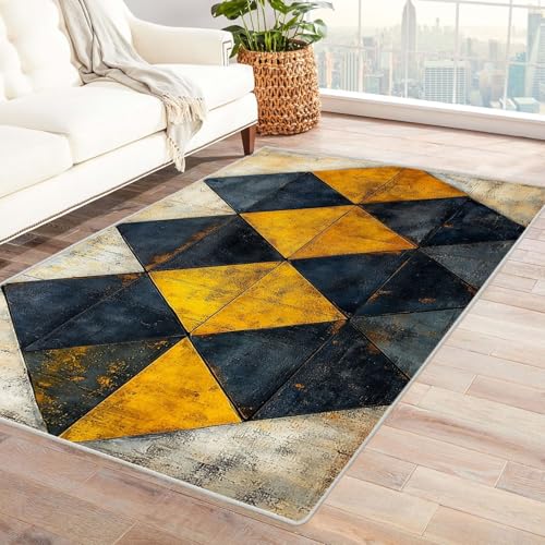 TODOAA Wohnzimmer Teppich Vintage-Kurzflor Retro Geometrisches Muster Waschbarer modernes Design, für Outdoor Balkon, Terrasse, Garten, Küche Weich Esszimmer Teppiche(Gelb)-240x300cm von TODOAA