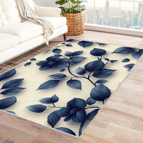 TODOAA Wohnzimmer Teppich Vintage-Kurzflor Vintage Blumenteppich Waschbarer modernes Design, für Outdoor Balkon, Terrasse, Garten, Küche Weich Esszimmer Teppiche(blau)-150x240cm von TODOAA