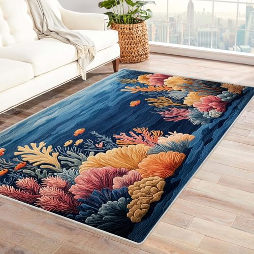 TODOAA Wohnzimmer Teppich Vintage-Kurzflor Vintage Ocean Pflanzenteppich Waschbarer modernes Design, für Outdoor Balkon, Terrasse, Garten, Küche Weich Esszimmer Teppiche(Orange)-90x120cm von TODOAA