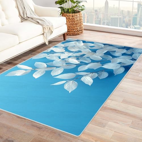 TODOAA Wohnzimmer Teppich Vintage-Kurzflor Weißes Blattteppichmuster Waschbarer modernes Design, für Outdoor Balkon, Terrasse, Garten, Küche Weich Esszimmer Teppiche(Blau 71)-150x210cm von TODOAA