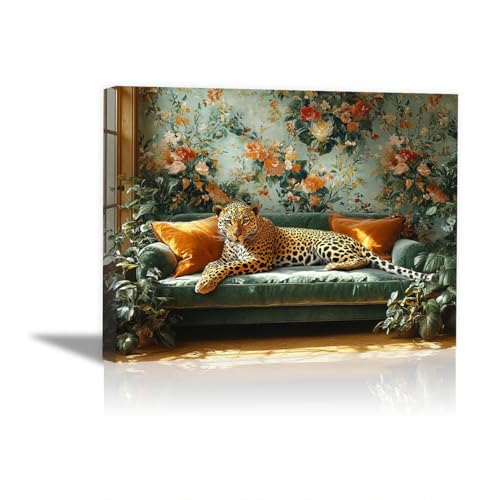 TODOAA wohnzimmer Deko Bilder Poster Leopard Blumen Kunstwerk Badezimmer Abstrakt Tier -Modern Wandb ilder Leinwandbilder Wanddeko Bilder für schlafzimmer(Orange)-80x120cm Gerahmt von TODOAA