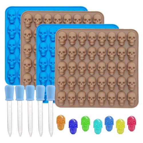 TOEECY 4 Stück Totenkopf Silikonform Halloween Silikonform mit 5 Dropper Halloween Silikonform Pralinen Totenkopf-Silikon für Schokolade Candy Gelee Pralinen Eiswürfel Seifen von TOEECY