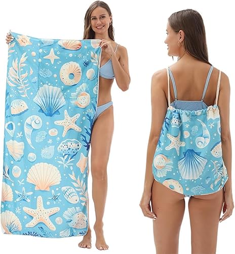 TOEECY Maritimes Strandtuch Muschel Motiv 70x140cm Sandabweisend Badetuch Mikrofaser Schnelltrocknend Reisehandtuch Meerestiere Muster von TOEECY