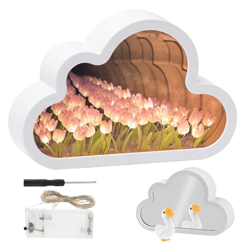 DIY Tulpen-Nachtlicht Wolke Tulpenlampe Wolken-Tulpen-Spiegellicht DIY Wolke Tulpe Licht Home Decor 2 In1Blumen-Tischlampe Und Spiegel-Blumenlampe Für Wohnzimmer-Nachttisch-Desktop-Ornamente (pink) von TOGETDREAM