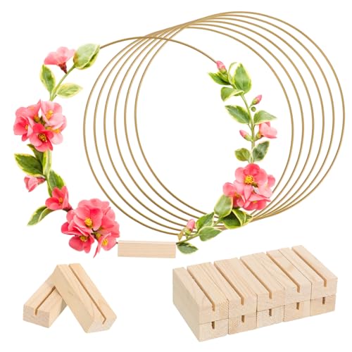 TOGEVAL 10 Stück Teiliges Metallring Dekoset mit Stabilem Holzsockel Bastelringe für Hochzeit Tischdeko Robuste Kranzringe mit Glatter Oberfläche für DIY Blumenarrangements von TOGEVAL