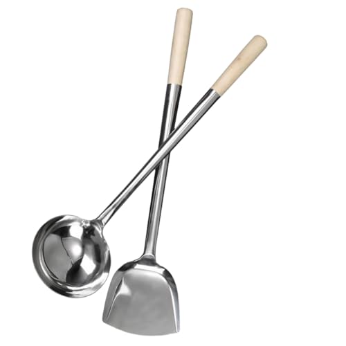 TOGEVAL 2 Stück Teiliges Kochlöffel Set Edelstahl Spatel und Schöpflöffel mit Langem Holzgriff Rutschfest Hitzebeständig Komfortabel für Küche und Gastronomie Langlebig und Pflegeleicht von TOGEVAL