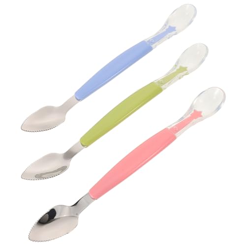 TOGEVAL 3 Stück Teiliges Löffel mit Doppelseitigem und Edelstahl Design Weiche Silikonspitze für Sanftes Füttern zum Schaben von Obstbrei und Einführen Nahrung Farbenfroh und Langlebig von TOGEVAL