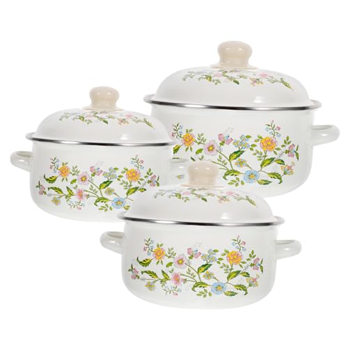 TOGEVAL 3 Stück Teiliges Mini Emaille Kochtopf Set mit Flachem Boden Hitzebeständig und Leicht Kleine Suppentöpfe mit Zwei Griffen für Eintöpfe Instantnudeln und Vielseitiges Kochen Küche von TOGEVAL