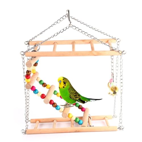 TOGEVAL Holz vogelschaukel mit Leiter für Kleine Papageien Natürliche Holzleiter mit Eisenkette Sicheres Haustierspielzeug für Kletterspaß und Ruhe für Käfigvögel und Wellensittiche von TOGEVAL