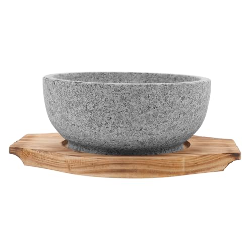 TOGEVAL Koreanische Bibimbap Schale Natürlicher Stein ohne Beschichtung mit Hitzebeständigem Holztablett Multifunktionale Stein Schüssel zum Kochen und Servieren Einfach zu Reinigen von TOGEVAL