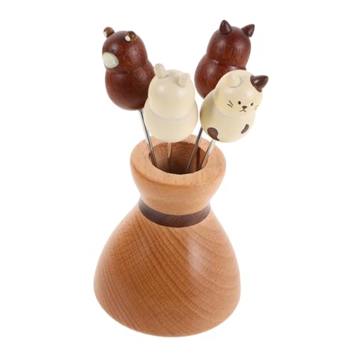 TOGEVAL Obstgabeln Holz mit Cartoon Tiermotiven Chinesischer Stil Rostfrei mit Halter Fruchtgabeln für Salate Cocktails und Desserts bei Partys und Feiern von TOGEVAL
