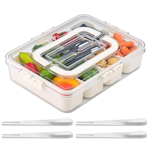 Snackbox mit Fächern, Snack Tablett mit 4 Gabeln aus Edelstahl, Kunststoff Snackbox Auslaufsicher, Organizer mit Deckel und Handgriff, für Kühlschrank Vorratskammer Snack, Obst Gewürzorganizer von TOHADRILL