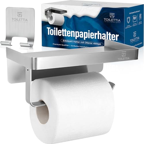 Klopapierhalter ohne Bohren mit Ablage inkl. Rasierer Halterung, Montage mit/ohne Bohren, Sicherer Ränder für Wertgegenstände - Langlebiger und rostbeständig Edelstahl Toilettenpapierhalter mit Ablage von TOILETTIA