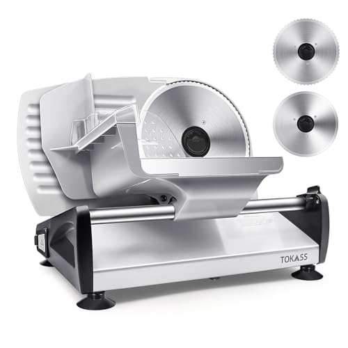 Elektrischer Allesschneider Edelstahl - Verstellbare Küchenmaschine 0 bis 15mm - 2 Klingen - Wurstschneidemaschine - Brotschneidemaschine, Schinkenschneider,Fleisch von TOKASS