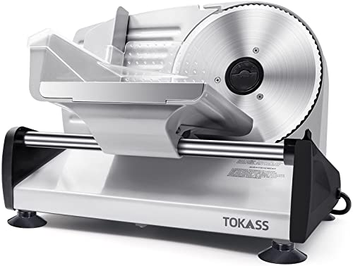 TOKASS Allesschneider elektrischer,Allesschneider ECO-Motor, rostfreies Edelstahlmesser,Wurstschneidemaschine mit einstellbare Schnittstärke(0-15mm),Käse Brotschneidemaschine, silbrig von TOKASS