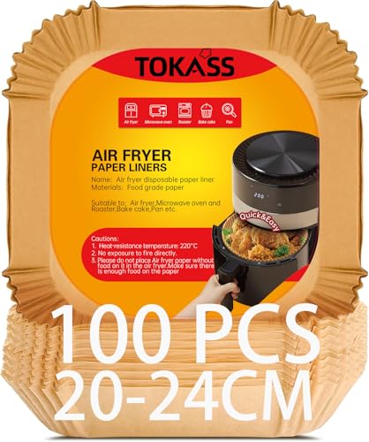 TOKASS Backpapier für Heißluftfritteuse cosori philips 4,5L-8L Airfryer Backpapier 100 Stück Heißluftfritteuse Backpapier 20-24cm (Hot Air Fryer) (100 Blatt) von TOKASS
