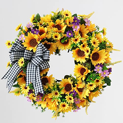 Sonnenblumenkränze für Haustür, TOKCARE 45,7 cm gelber Frühlings- und Sommer-Türkranz mit Schleife, handgefertigte Sonnenblumen-Dekoration aus Seide für Zuhause, Party, Festival, Hochzeitsdekoration von TOKCARE