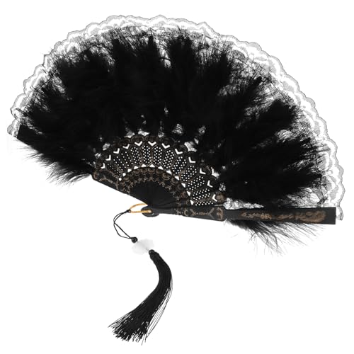 TOKIDNY Vintage Faltbarer Handfächer mit Spitzenverzierung und Federn Leichter Stabiler Fächer für Hochzeit Tanz und Party Handgehaltener Deko-fächer mit Quaste Tragbar von TOKIDNY