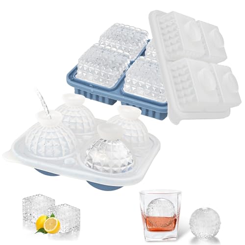 TOKIISHE Eiswürfelform Silikon groß XXL 5cm 4-Fach 2er Pack Eiswürfelform mit Deckel, Faltbar Auslaufsicher Eiswürfelform mit Trichter, BPA Frei Ice Cube Tray für Gekühlte Cocktails Whisky Saft - Blau von TOKIISHE