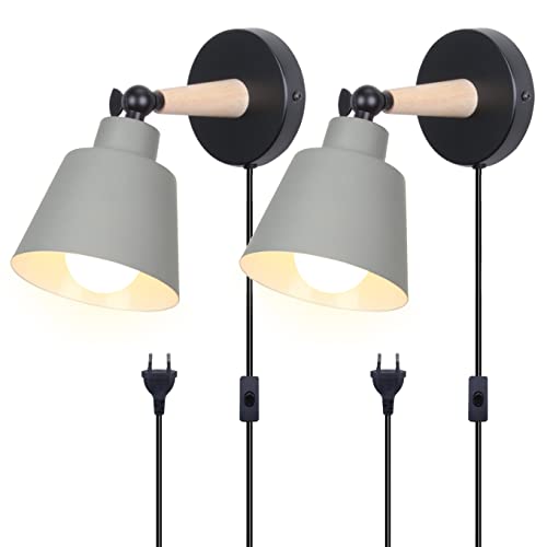 TOKIUS 2 Stücke Wandleuchten, Moderne Wandlampe aus Metall und Holz Deko E27 Fassung Verstellbarer Wandbeleuchtung Innen Wandlampe für Schlafzimmer Wohnzimmer Korridor (Grau, Mit Stecker Schalter) von TOKIUS