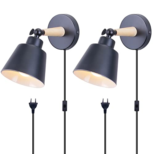 TOKIUS 2 Stücke Wandleuchten, Moderne Wandlampe aus Metall und Holz Deko E27 Fassung Verstellbarer Wandbeleuchtung Innen Wandlampe für Schlafzimmer Wohnzimmer Korridor (Schwarz, Mit Stecker Schalter) von TOKIUS