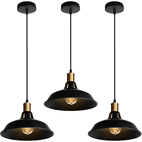 TOKIUS Retro Pendelleuchte, Ø27cm Hängelampe Vintage Industrial Style Metall Deckenleuchte E27 Fassung Hängeleuchte für Esszimmer Küche Restaurant (Schwarz, 3 Stücke) von TOKIUS