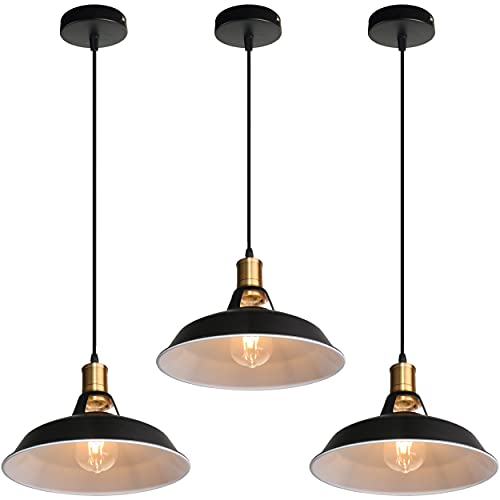 TOKIUS Retro Pendelleuchte, Ø27cm Hängelampe Vintage Industrial Style Metall Deckenleuchte E27 Fassung Hängeleuchte für Esszimmer Küche Restaurant (Schwarz + Weiß, 3 Stücke) von TOKIUS