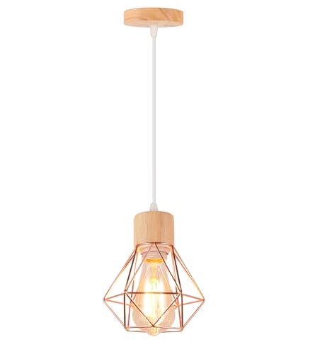 TOKIUS 1-flammig Pendelleuchte Vintage Industrial 16CM Hängelampe aus Holz Eisen Geometrischem Design E27 Lampe Käfig Lampenschirm Gold Hängeleuchte für Flur, Schlafzimmer, Küche von TOKIUS