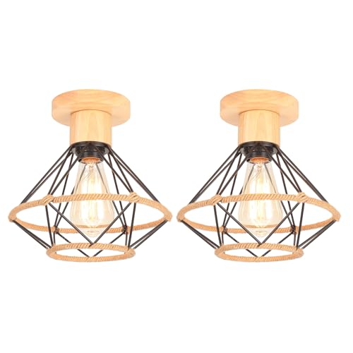 TOKIUS 2 Stücke Deckenlampe, 22CM Vintage Deckenleuchte im Industrial Design Retro E27 Lampe aus Holz und Eisen Retro Käfig Lampenschirm mit Hanfseil Schwarz Pendelleuchte für Flur Küche Wohnzimmer von TOKIUS