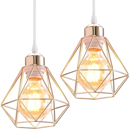 TOKIUS 2 Stücke Pendelleuchten Vintage Industrial Hängelampe mit Geometrischem Design E27 Lampe aus Eisen Käfig Lampenschirm Retro Hängeleuchte für Esstisch Küche (Pendelleuchte 1-flammig, Gold 16cm) von TOKIUS