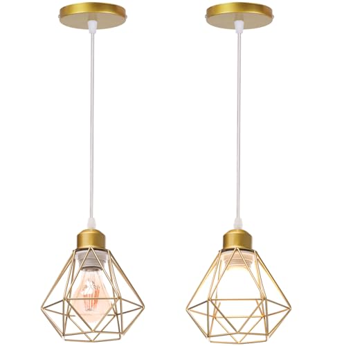 TOKIUS 2 Stücke Retro Hängelampen 16CM Vintage Pendelleuchte im Industrial Design E27 Fassung Eisen Käfig Lampenschirm Industrie Lampe Gold Hängeleuchte für Flur Küche Schlafzimmer (1-flammige) von TOKIUS