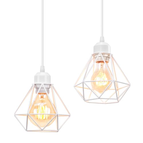 TOKIUS 2 Stücke Retro Hängelampen 16CM Vintage Pendelleuchte im Industrial Design E27 Fassung Eisen Käfig Lampenschirm Industrie Lampe für Flur Küche Schlafzimmer, Weiß (1-flammige Hängelampe) von TOKIUS