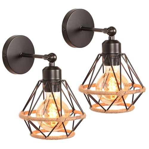 TOKIUS 2 Stücke Wandlampe Vintage 16CM Wandleuchte Innen E27 Industrial Lampe aus Eisen Käfig Lampenschirm mit Hanfseil Verstellbare Wandlampe Deckenleuchte für Flur Schlafzimmer Wohnzimmer (Schwarz) von TOKIUS