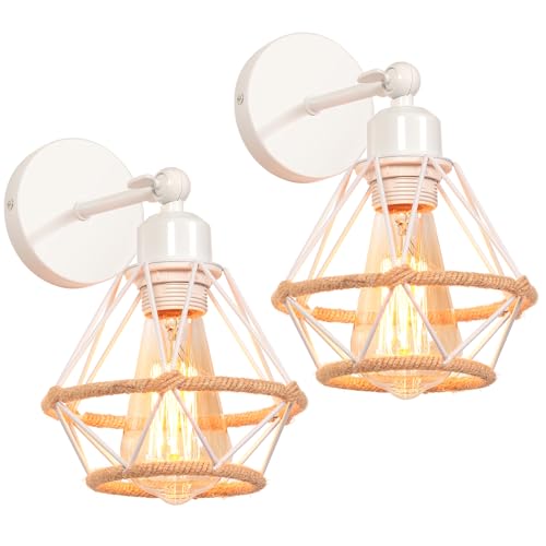 TOKIUS 2 Stücke Wandlampe Vintage 16CM Wandleuchte Innen E27 Industrial Lampe aus Eisen Käfig Lampenschirm mit Hanfseil Verstellbare Wandlampe Deckenleuchte für Flur Schlafzimmer Wohnzimmer (Weiß) von TOKIUS