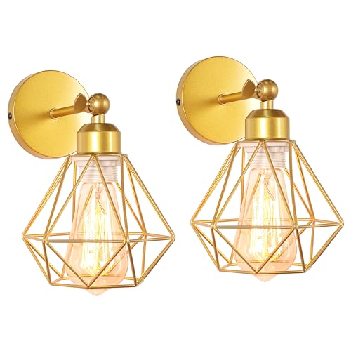 TOKIUS 2 Stücke Wandlampen Vintage 16CM Wandleuchte Innen im Industrial Design Retro E27 Lampe aus Eisen Käfig Lampenschirm Verstellbare Deckenleuchte für Flur Wohnzimmer Schlafzimmer (Gold) von TOKIUS