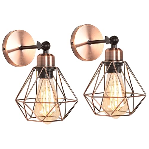 TOKIUS 2 Stücke Wandlampen Vintage 16CM Wandleuchte Innen im Industrial Design Retro E27 Lampe aus Eisen Käfig Lampenschirm Verstellbare Deckenleuchte für Flur Wohnzimmer Schlafzimmer (Kupferrost) von TOKIUS